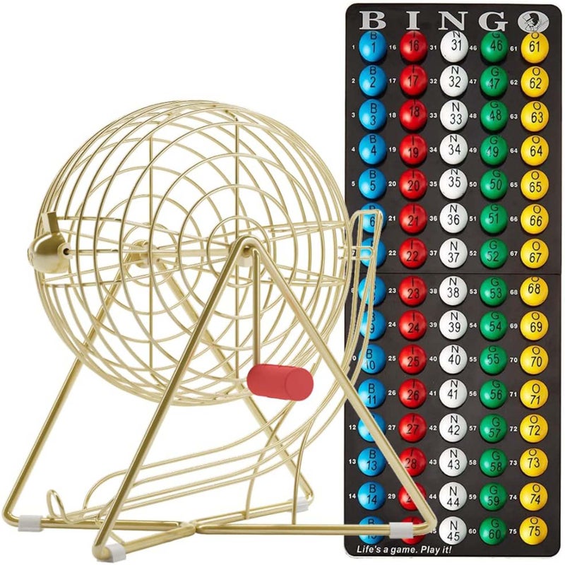 MR CHIPS 11" (Inch) Tall Professional Bingo Set with Steel Cage, Everlasting 7/8â€ Balls, Master Board for Balls - Luxury Gold Color - Image 1